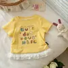 Top Suelto Lindo con Adorno de Encaje para Niñas, Camiseta Nueva Elegante con Estampado de Dibujos Animados de Manga Corta, Camiseta de Moda