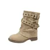Botas de Invierno para Mujer Estilo Retro Hebilla Tacón Grueso Botas tipo Martin 2026 Otoño Nuevo Punta Redonda Gamuza Caña Media Fruncidas Botas de Jinete