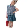 Nuevo Conjunto de Verano para Niñas 2026: Conjunto de Dos Piezas para Bebé Niña: Camisa de Cuadros con Mangas Voladas + Falda Corta de Mezclilla