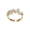 Anillo abierto de circonita y perla de lujo ligero estilo francés para mujer, exquisito, moderno, único, versátil, de alta gama, índice súper brillante al por mayor
