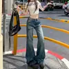 Jeans Bootcut com Design de Retalhos Retro Americano para Mulheres Primavera e Verão Novos Calças de Cintura Baixa Emagrecedoras de Perna Larga