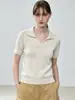 Camiseta Elegante de Malha de Linho e Liocel para Mulheres, Verão, Decote V, Vazada, Estilosa, Algodão-Linho, Polo, Manga Curta