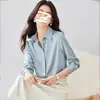 Camisa de cetim 8 cores cinza-azulado de primavera para mulheres, manga longa, outono, carcela de botões oculta, estilo vintage de Hong Kong, fluida, adequada para o trabalho, elegante e madura
