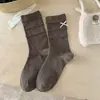 Meias com Laço de Bolinhas para Mulheres, Meias de Cano Médio, Novo Estilo Outono e Inverno, Meias Soltinhas Doces com Barra Bufante, Meias Cor Café, Meias para Gestantes