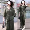 Conjunto de algodão e linho para mães de meia-idade, novo look casual fashion de verão 2026, top e calça pantalona, conjunto feminino de duas peças para o verão
