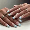Modelo de Comercio Exterior Más Vendido: Uñas Postizas Rectangulares Mediano-Largas 3D Repujadas Estilo Francés Degradado Gris Azul de 24 Piezas al por Mayor