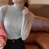 Camiseta de manga larga para mujer, nueva, de cuello alto medio con orejas de madera, de manga larga, interior, de otoño e invierno, estilo coreano, de terciopelo, de color sólido.