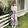 Conjunto de Calças Cargo de Verão para Meninas 2025 Nova Moda Meninas Estilo Coreano Médio e Grande Crianças Desenho Animado Calças Cargo de Manga Curta Moderno