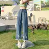 Calça jeans de perna reta com franjas para mulheres, nova primavera/verão cintura alta plus size emagrecedora versátil cropped de perna larga para senhoras estilosas