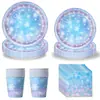 Novo conjunto de pratos de papel, copos de papel, guardanapos de papel e talheres com tema de floco de neve azul para decoração e arranjo de festa de aniversário