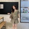 [Simeng] Vestido estilo Chanel xadrez pied-de-poule gola quadrada francesa shorts de perna larga terno de moda urbana