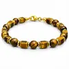 Pulseira nova de pedra natural transfronteiriça com um pingente quadrado de olho de tigre, fecho tipo lagosta, contas quadradas, contas redondas e cordão elástico.