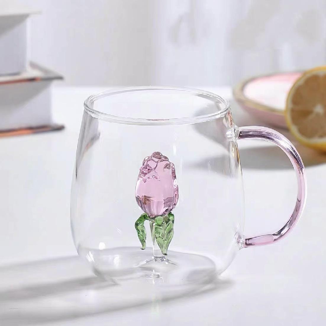 ins立体造型玻璃杯,透明单层玻璃杯,玫瑰花果汁杯,家用带把饮品杯