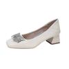 G500-101 Zapatos de Cuero Genuino Francés con Lazo de Pedrería para Mujer 2025 Nuevos de Punta Cuadrada con Tacón Grueso de Boca Baja Zapatos de Leche para Mujer