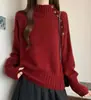 Suéter de malha irregular com gola semimédia coreano para mulheres, outono e inverno, solto, modelador, estiloso, moderno, top de malha modelador