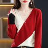 Suéter 2024 Gola V Botão Diagonal Estilo Francês Outono Novo Manga Longa Solto Emagrecedor Camisa Básica para Mulheres Caimento Solto Estilo Preguiçoso