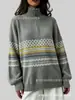 Novo Suéter Jacquard Fair Isle com Zíper Meio Gola Outono/Inverno para Mulheres, Casaco de Tricô Solto, Top Versátil de Cor Sólida