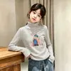 Camiseta Base de Polar a Rayas para Niña, Otoño/Invierno Infantil, Estampada, Cuello Alto, Manga Larga, Estilosa, Parte Superior Cepillada por Ambos Lados
