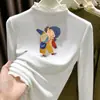 Top de capa base de terciopelo alemán de doble cara para usar en otoño e invierno, con cuello semialto fruncido, mangas largas para niñas, camiseta cepillada cálida y versátil
