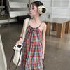 Vestido de Verano para Niña Estilo Coreano Cuadros Arcoíris Vestido de Tirantes Niños Grandes Dulce Dopamina Holgado Vestido Femenino