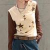 Moda Estilo Harajuku 2025 Cuello Invertido Bloqueo de Color Estrellas Brillantes Estampado Personalizable Versátil Acampanado Manga Larga Top