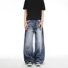 Fornecimento Exclusivo Transfronteiriço Jeans de Sarja Lavada Estilo Retrô Americano Resistente Barbudo Masculino Verão Linha A Perna Reta Rasgado Casual Calças Longas