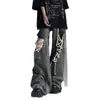 Jeans estilo americano High Street com Cinto Preto Rasgado estilo Mendigo Feminino Verão Cintura Alta Reta Solto Modelador Punk