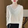 Primavera e verão novas mulheres lã penteada com decote em V base fina camisa gola de renda idade-redução malha pullover