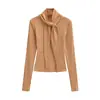 Camiseta de Manga Larga con Cordones Estilo Coreano de Encaje Puro y Cuello Medio Alto, Nueva Moda de Primavera Versátil Ajustada Adelgazante Top Básico para Mujer