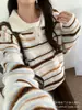 Suéter Retro a Rayas con Solapa Estilo Coreano para Mujer Otoño Invierno Nuevo Estilo Holgado Perezoso Suave Pegajoso Tejido de Punto Top Básico
