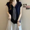 Camiseta casual de talla grande estilo perezoso con cuello en V y corbata, manga corta, para mujer, verano, nueva, para gorditas, corte holgado, efecto adelgazante, top de moda para mujer