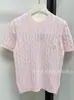 PO Camiseta de verano de manga corta para mujer, estilo nuevo, bordada, de alta gama, chic, ajustada, única, de punto de seda helada