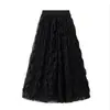 Saia Elegante de Verão 2026 com Pregas Onduladas Emagrecedora para Mulheres, Cintura Alta, Comprimento Médio, Linha A, Barra Larga, Saia de Renda, Elegante