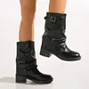 Botas de Cano Médio com Fivelas Duplas Retrô Femininas Salto Grosso Brilhante Botas Western Outono Inverno Botas Femininas Transfronteiriças