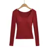Camiseta Básica Feminina Manga Longa Estilo Hot Girl Outono e Inverno Camada Dupla Escovada Longa Casual Camiseta Básica Elástica com Efeito Emagrecedor