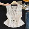 Chal de Algodón Puro Calado con Lentejuelas Estilo Nuevo Inspirado en Chanel para Mujer, Chal de Diseñador con Cuello en V, Conjunto Único de Dos Piezas con Mangas Cortas 11322