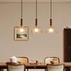 Lámpara colgante de mesita de noche para dormitorio, barra de bar de madera maciza y vidrio estilo retro americano, estilo wabi-sabi, lujo ligero, lámpara colgante pequeña de alta gama para comedor