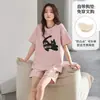 Pijama con Almohadillas para el Pecho para Mujer, Blusas de Verano de Manga Corta, Lindos Dibujos Animados Estilo Coreano Ins Casual Sueltas Ropa de Casa que se Puede Usar Afuera