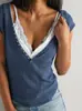 Camiseta Básica Feminina de Verão Popular Europeia e Americana, Cor Sólida, Costurada, Manga Curta, Gola V com Botão Único, Corte Justo, Versátil