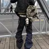 Estilo Urbano Americano Transfronterizo Jeans de Pierna Ancha Negros Bordados Florales Lavados Pantalones Rectos Sueltos para Hombres y Mujeres