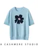 Suéter de Caxemira com Bordado de Flores Luxuoso Outono Inverno Camiseta Solta Gola Redonda Manga Curta Tricô Camada Base Tricô
