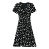 Vestido Curto de Chiffon Floral com Mangas Bufantes Estilo Nicho Levemente Maduro Decote V Manga Curta Feminino Verão Elegante Cintura Marcada Emagrecedor Saia Curta