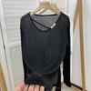 Estación Europea Suelto Perezoso Cuello Discreto Ropa Protección Solar Camiseta Moda Femenina Abertura Manga Larga Versátil Efecto Adelgazante Top Verano