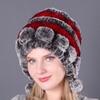 Cálido Gorro Grueso con Protección para las Orejas de Piel de Conejo Rex Tres Pompones Otoño e Invierno Gorro Redondo Tejido Sombrero de Lana para Mujer