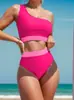2026 Nuevo Bikini Transfronterizo al Contado Comercio Exterior Traje de Baño Bloque de Color Un Hombro Cintura Alta Bikini Sexy de Dos Piezas Venta al por Mayor