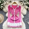 Vestido Tricot Bodycon Longo Manga Longa Gola Lapela Cor Color Block Retrô Estilo Francês Socialite para Mulheres