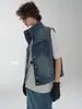 Colete Jeans Estilo Vintage com Gola Meia-Alta e Múltiplos Bolsos, Peça de Roupa sem Mangas para Mulheres