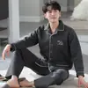 Pijama Sandwich de Algodón de Aire para Hombre Otoño e Invierno Algodón Puro Manga Larga Cardigan Engrosado Talla Grande Traje de Casa de Invierno