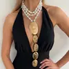 Collar Colgante de Lentejuelas Texturizadas Exageradas Transfronterizo Europeo y Americano para Mujer, Gargantilla Francesa Vintage en Capas con Collar de Perlas de Imitación