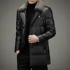 MJ7723 Couro Genuíno com Penugem Masculino Gola de Pelo de Vison Removível Camada Couro de Ovelha Couro de Pato Branco Corta-vento